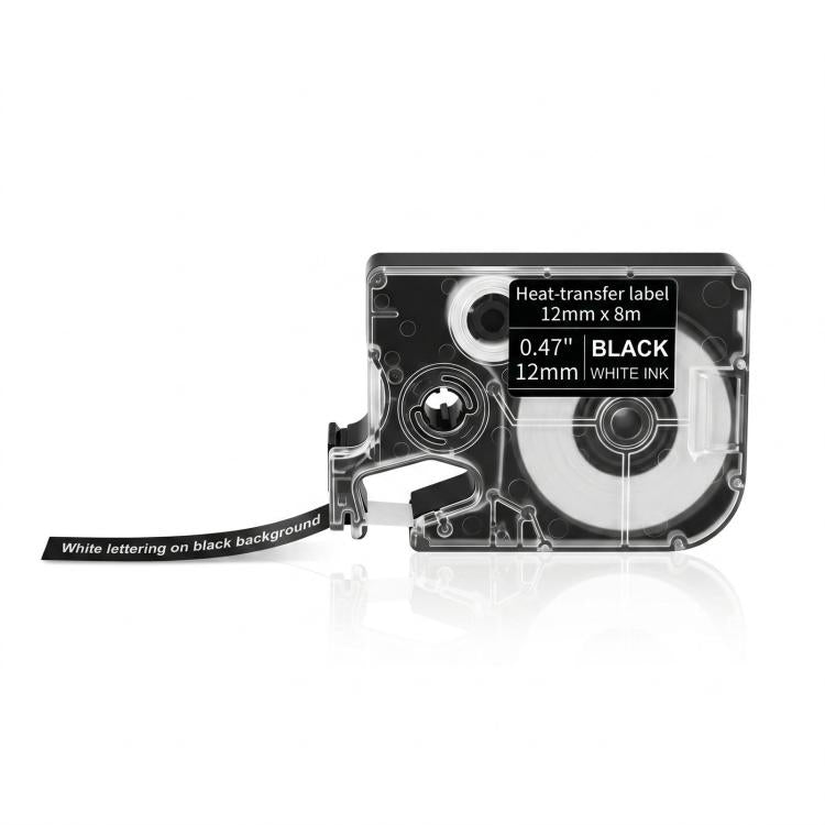 Heat-transfer label cartridge with black tape and white ink lettering on black