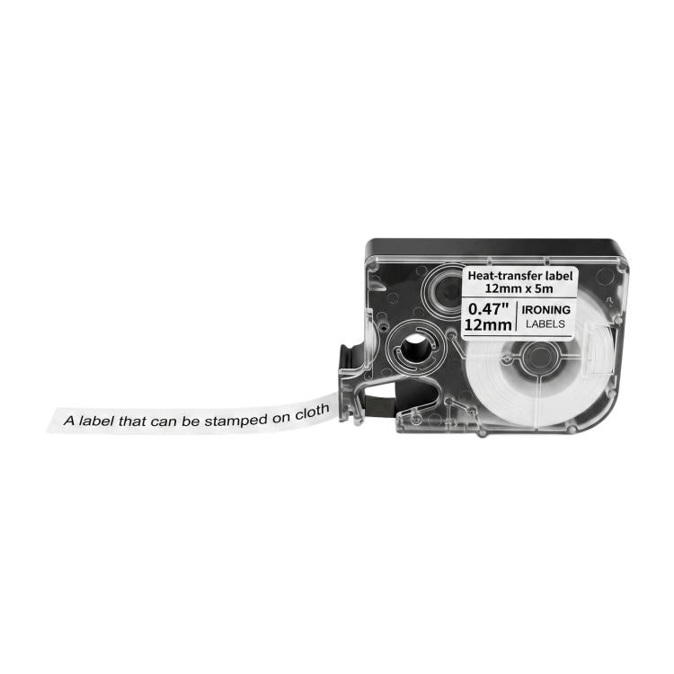 12mm heat-transfer label ribbon, clear cartridge with “ironing labels” strip text