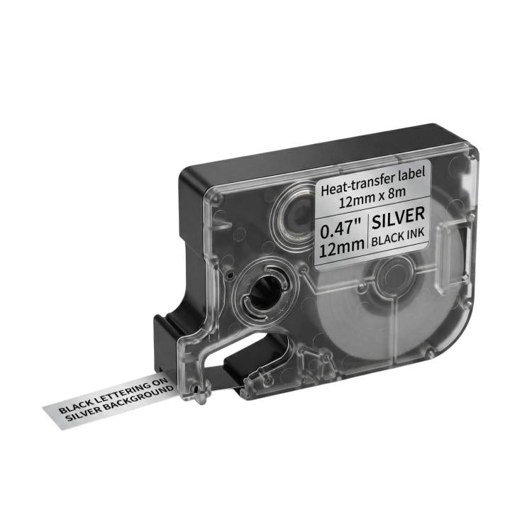 12mm heat-transfer label printer ribbon cartridge, silver case with black ink