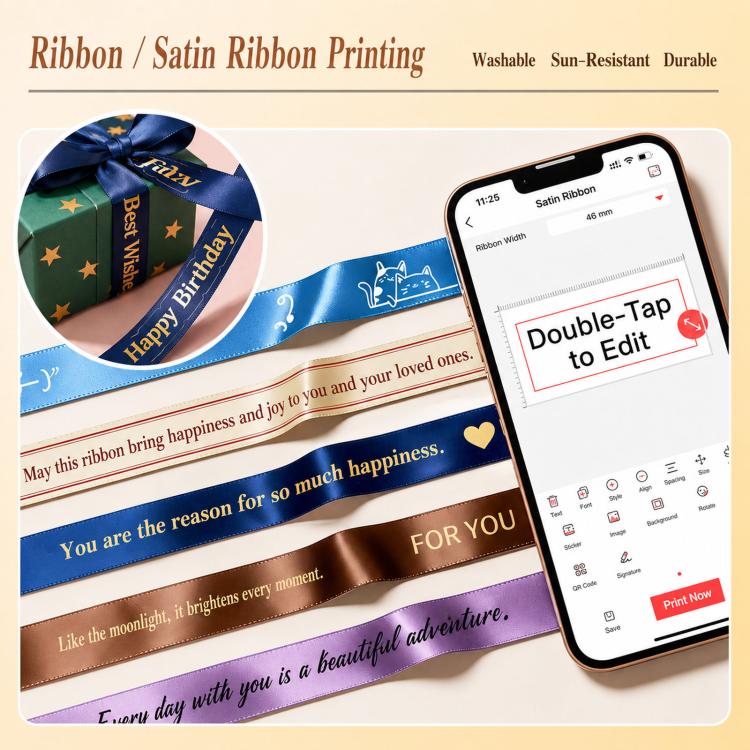 Satin ribbon label printing kit with blue ribbon, greeting card and mobile preview