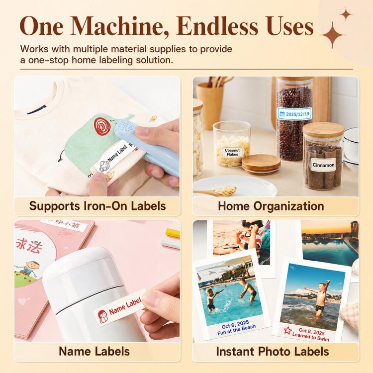 Label printer ribbon system infographic showing name and instant photo label options