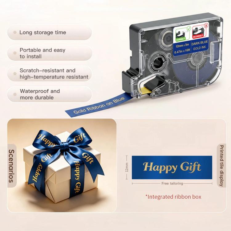 12mm ribbon cartridge with gold-on-blue ribbon, gift label sample and storage features