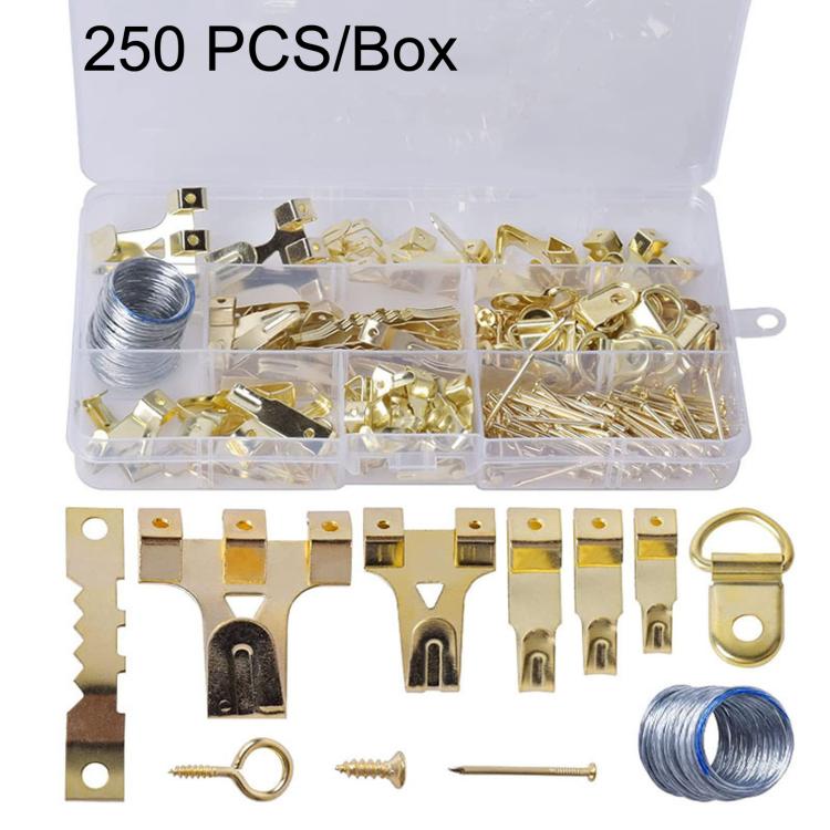 Picture hanging hardware kit with gold hooks, screws, and wire spool in clear tray