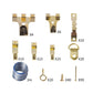 Picture hanging hardware kit with assorted gold hooks, rings, and blue wire in labeled sets