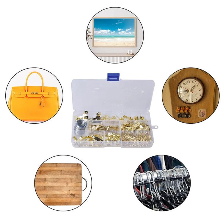 Picture hanging hardware kit in clear organizer box with gold hooks and wire spool