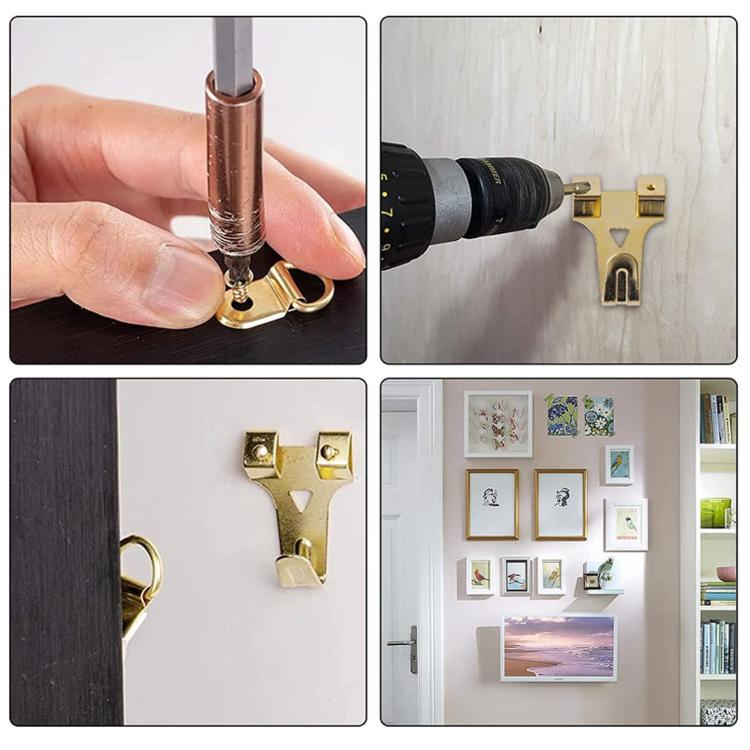 Picture hanging hardware kit hook and screw installation with gold wall hanger pieces