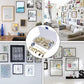 Picture hanging hardware kit inset showing gold hooks, screws, and wire spool