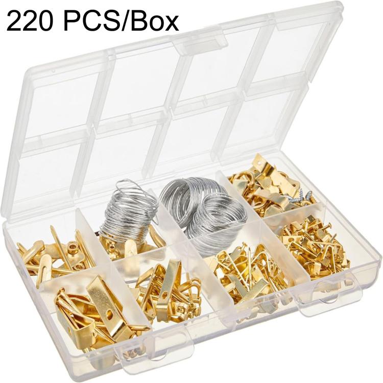 220 PCS/Box Picture Hanging Kit Wall Frame Hangers Hooks Assortment with Nails Wire D-Ring, 220 PCS/Box