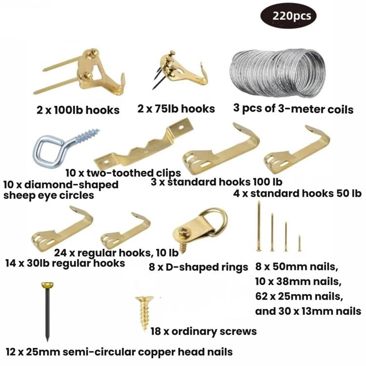 220 PCS/Box Picture Hanging Kit Wall Frame Hangers Hooks Assortment with Nails Wire D-Ring, 220 PCS/Box