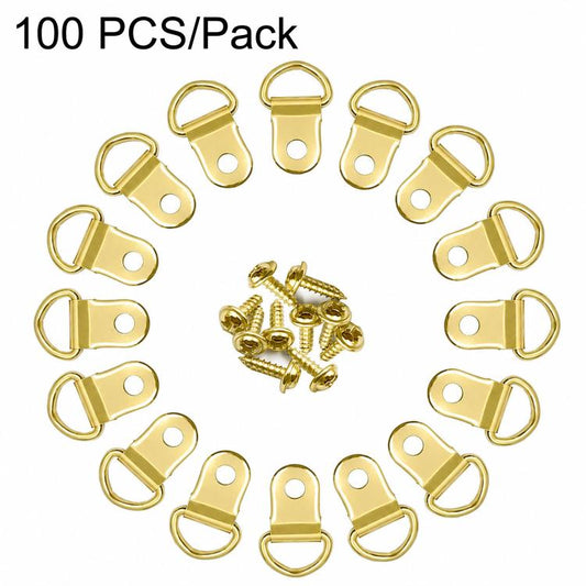 Gold single-hole D-ring picture hanger hooks with screws, 100 pcs pack