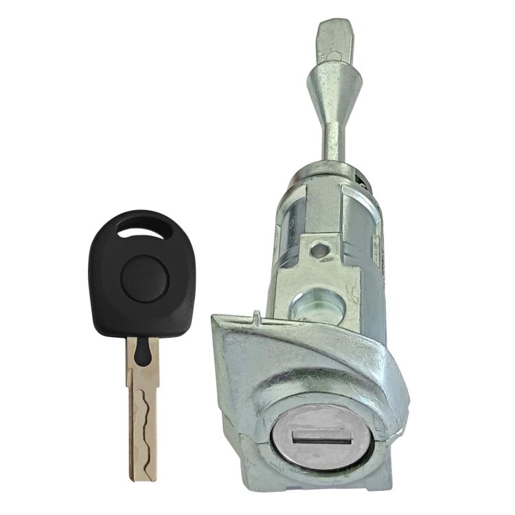 Car door lock cylinder with metal housing and black key fob, matching key included