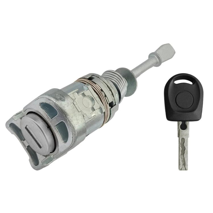 Door lock cylinder with key, metal housing and black plastic key head