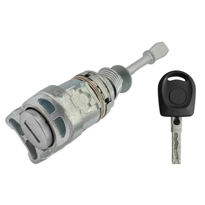 Door lock cylinder with key, metal housing and black plastic key head
