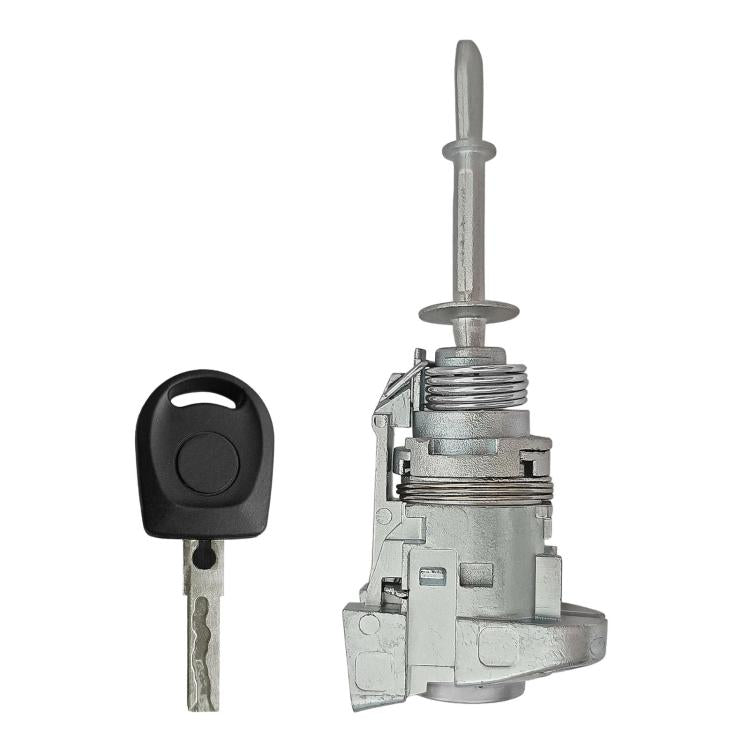 Door lock cylinder with key, angled view showing metal spring and lock mechanism
