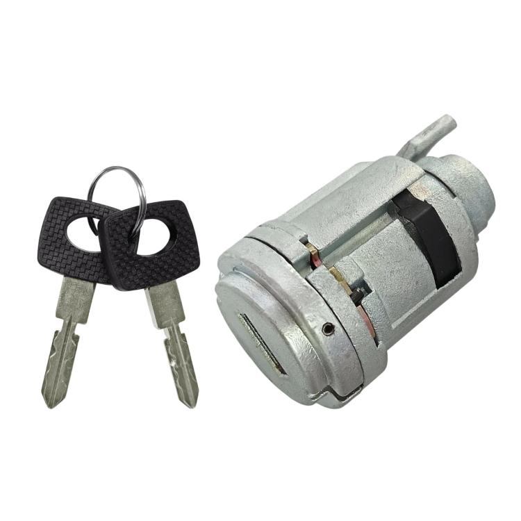 Ignition lock cylinder switch with two metal keys and black key fob, silver housing
