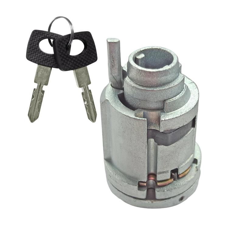 Ignition lock cylinder switch with two keys and visible electrical contacts, silver body