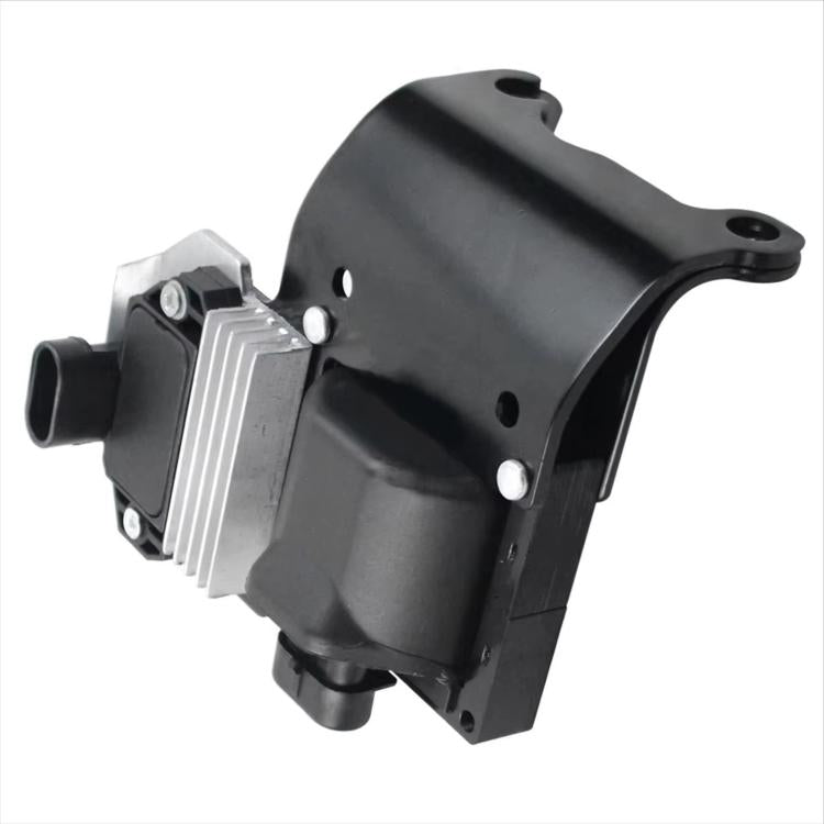 Ignition coil module with black housing, silver heat sink fins, and mounting holes
