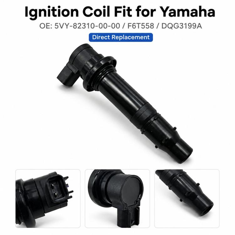 Black ignition coil in angled view with electrical connector