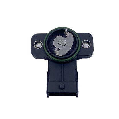 Black throttle position sensor with circular metal contact plate and side mounting flanges