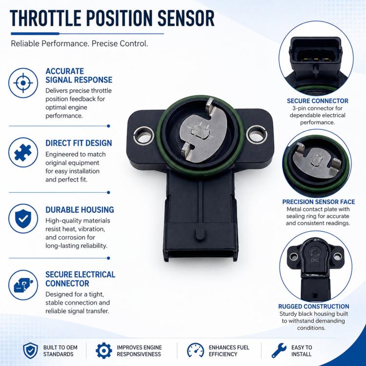 Throttle position sensor with black housing, metal sensor face, and 3-pin electrical connector