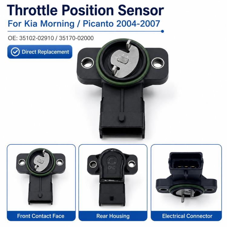 Throttle position sensor with black housing, green seal ring, and front contact face view