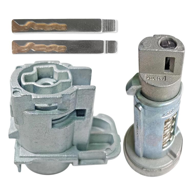 Ignition lock cylinder with metal key, gray housing and key slot