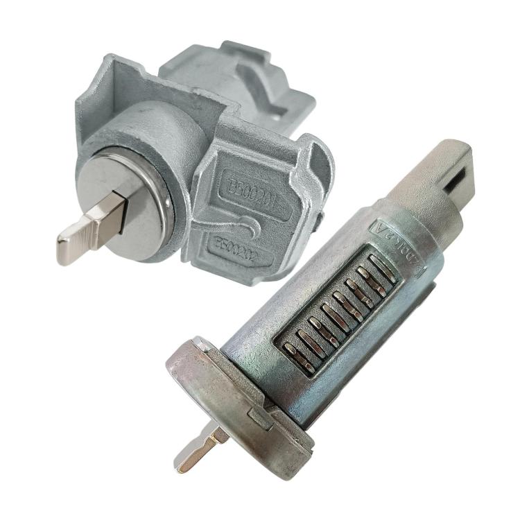 Ignition lock cylinder with two metal keys, gray housing and pin tumbler