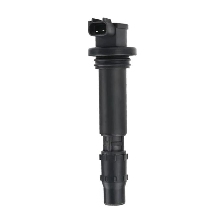 Black ignition coil with electrical connector and long cylindrical body