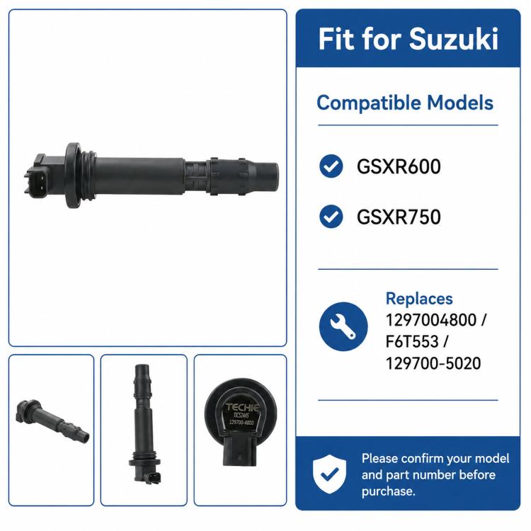 Black ignition coil with front connector shown on a compatibility card