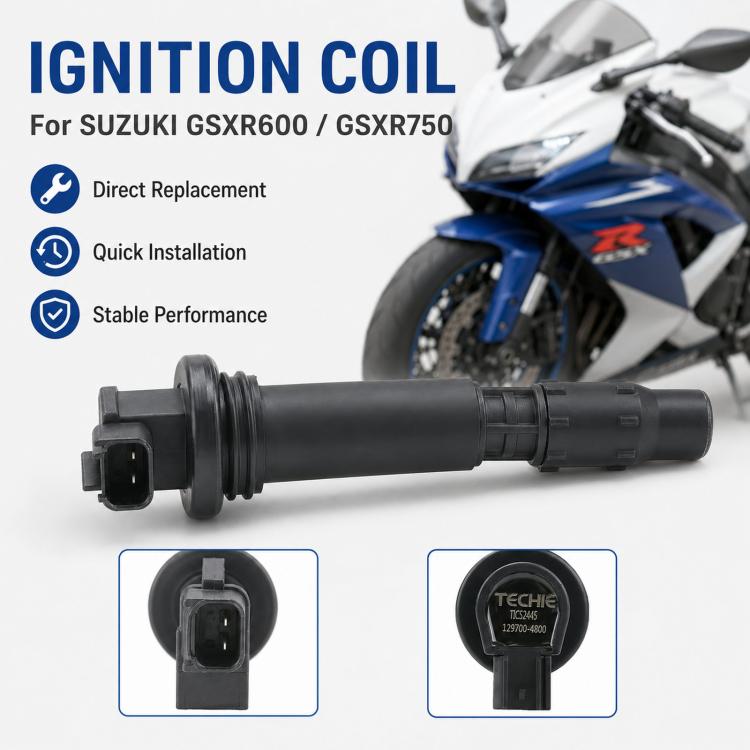Black ignition coil with electrical connector, shown with mounting end
