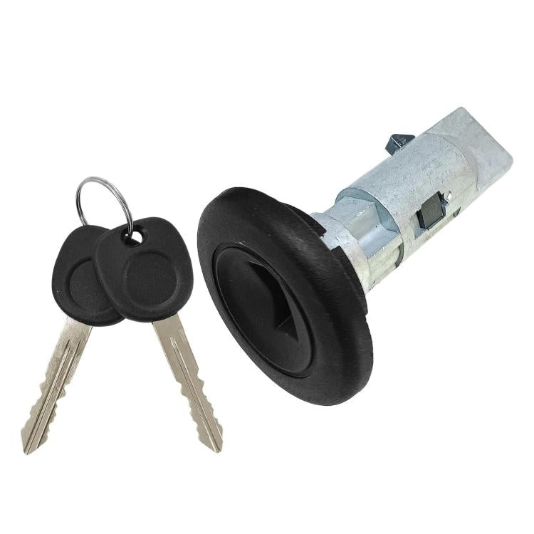 Ignition lock cylinder with keys, black key heads and metal housing with key cutouts