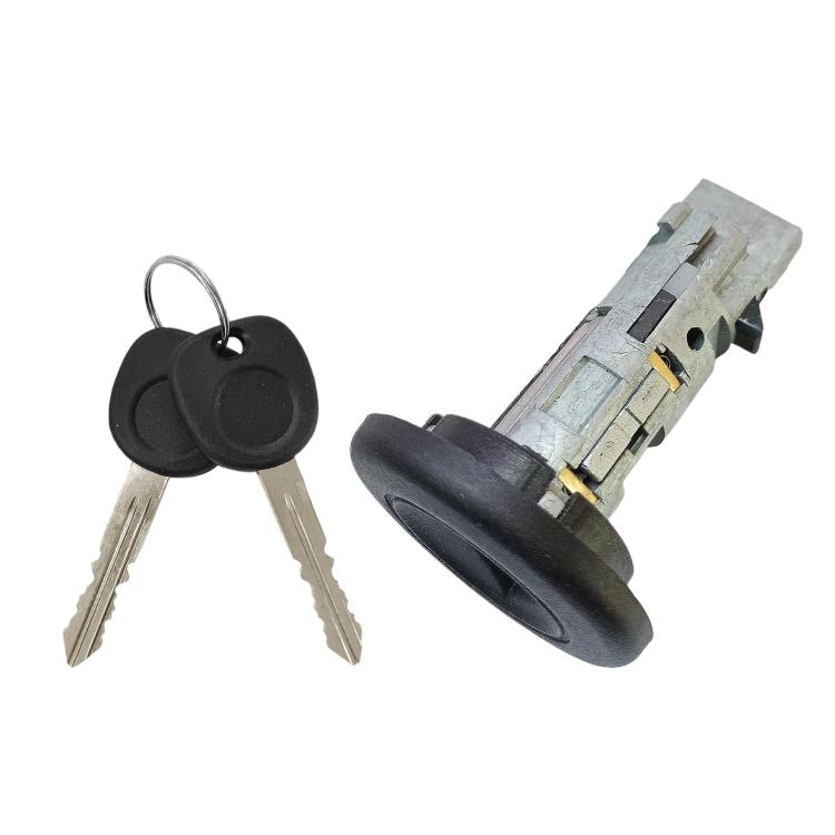 Ignition lock cylinder with two keys and black knob, side view with metal mechanism