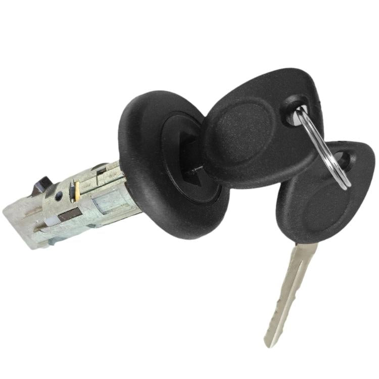 Ignition lock cylinder with keys, black knob and metal cylinder with key inserted