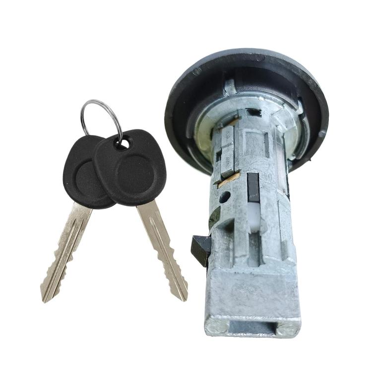 Ignition lock cylinder with keys, front view of black bezel and metal housing