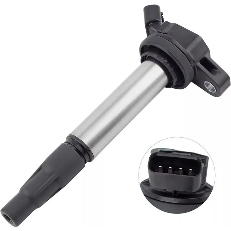 Ignition coil with metal tube, black insulator, and 4-pin connector