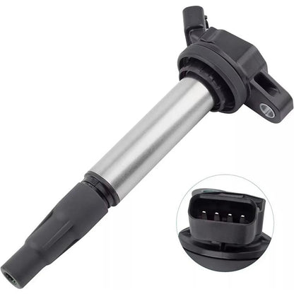 Ignition coil with metal tube, black insulator, and 4-pin connector