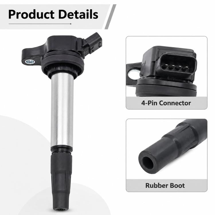 Ignition coil with mounting head, rubber boot, and 4-pin connector detail