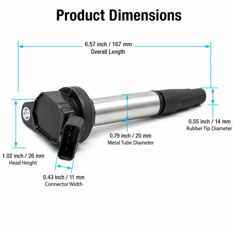 Ignition coil with size diagram showing overall length and connector dimensions