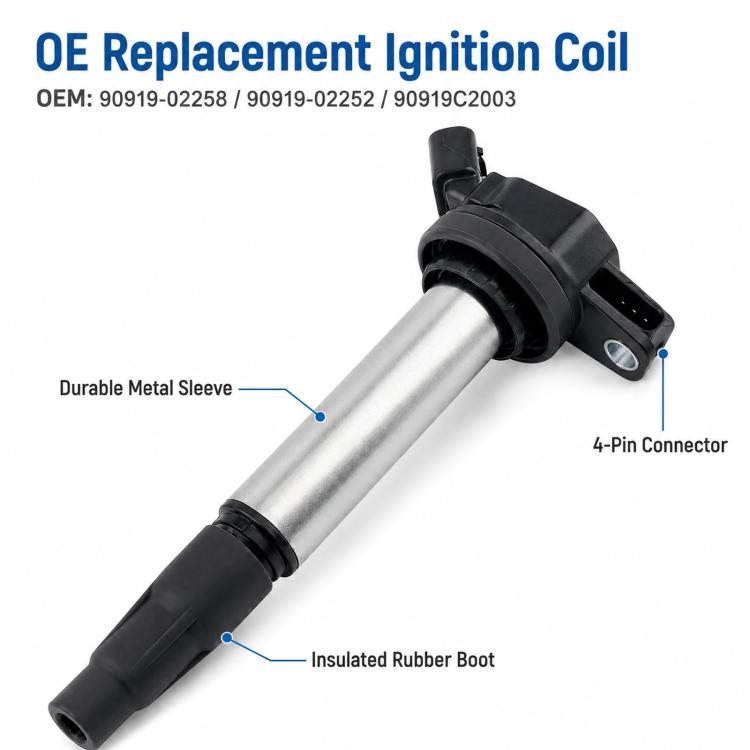 Ignition coil with durable metal sleeve, insulated rubber boot, and 4-pin connector
