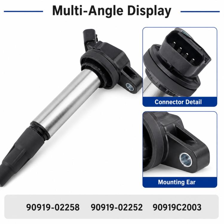 Ignition coil with connector detail and mounting ear, multi-angle view