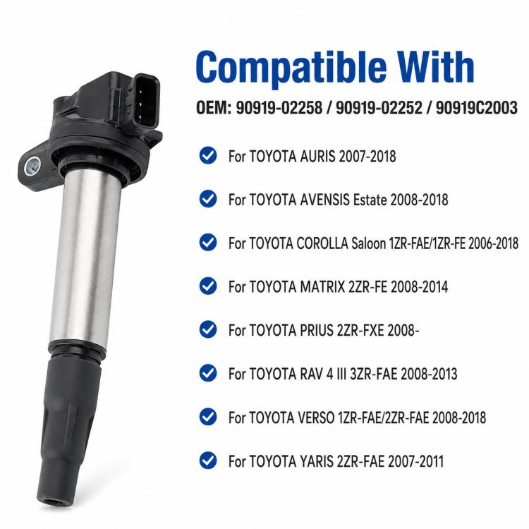 Ignition coil shown with compatibility list and 4-pin connector