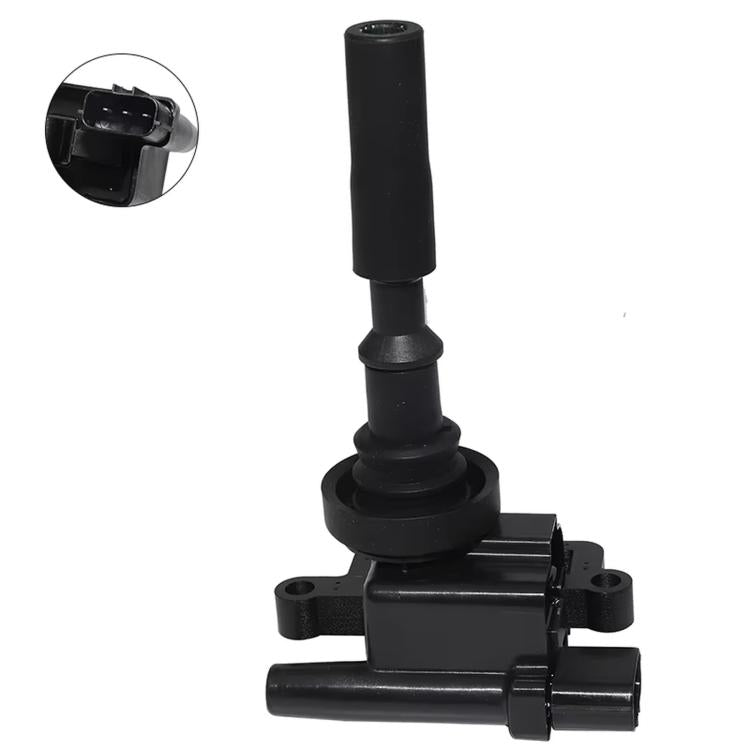 Black ignition coil with rubber boot and connector, angled view