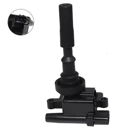 Black ignition coil with rubber boot and connector, angled view