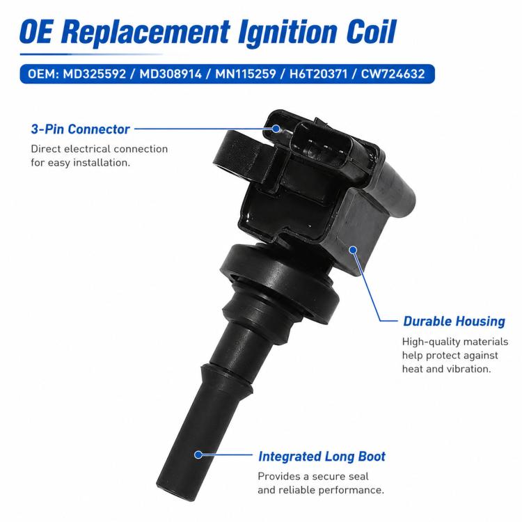 Black ignition coil with 3-pin connector and integrated boot, angled view
