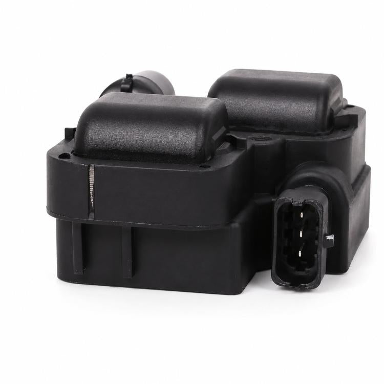 Black ignition coil module with two top caps and a front 4-pin connector