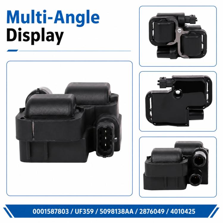 Ignition coil module with black housing and dual top boots, front connector visible