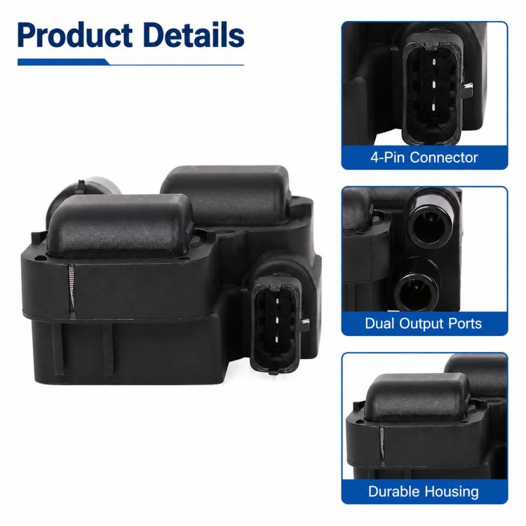 Ignition coil module detail with 4-pin connector and two circular output ports