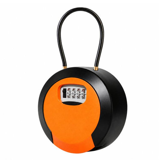 Waterproof 4-digit combination key lock box with hanging loop, orange cover and black body.