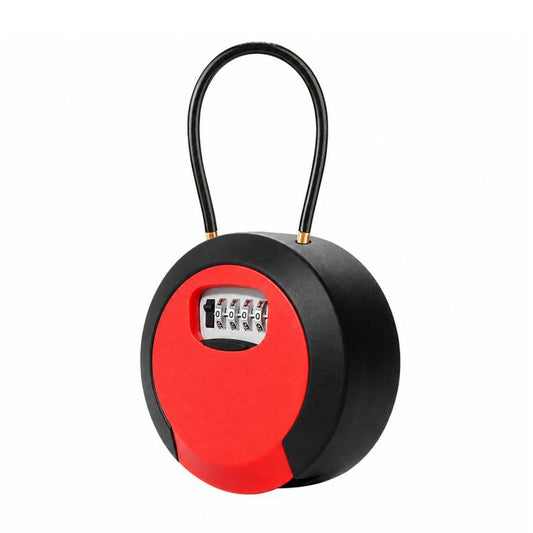 Waterproof 4-digit combination key lock box with hanging loop, red cover and black body.