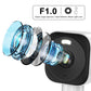 Black window security camera with close-up lens detail and blue light effect